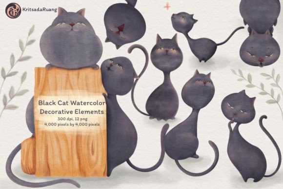 Enchant Your Designs with Black Cat Watercolor Elements